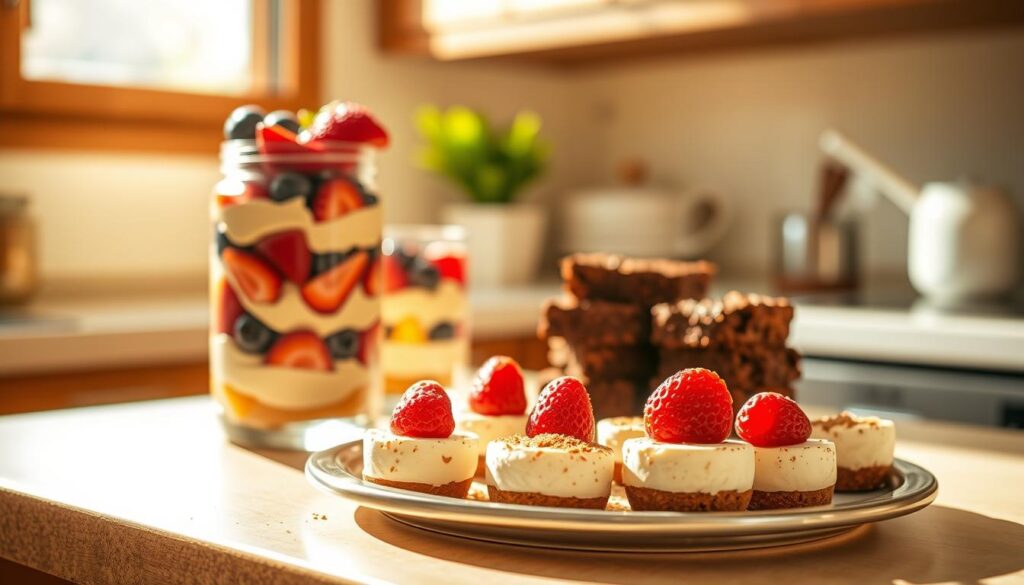 A lush, sun-drenched kitchen counter showcases an array of delectable no-bake treats. In the foreground, a platter of chilled, creamy cheesecake bites adorned with fresh berries. Beside it, a stack of fudgy, no-bake brownies dusted with cocoa powder. In the middle ground, a glass jar filled with layered parfait desserts, their vibrant hues of fruit and cream creating a visually appealing, guilt-free indulgence. The background is softly blurred, emphasizing the effortless, hassle-free nature of these oven-free delights. Warm, directional lighting casts a golden glow, evoking a sense of warmth and comfort. The overall scene conveys the lifestyle benefits of these quick, easy-to-prepare treats - saving time, energy, and keeping the kitchen cool, while still satisfying cravings for something sweet. A lush, sun-drenched kitchen counter showcases an array of delectable no-bake treats. In the foreground, a platter of chilled, creamy cheesecake bites adorned with fresh berries. Beside it, a stack of fudgy, no-bake brownies dusted with cocoa powder. In the middle ground, a glass jar filled with layered parfait desserts, their vibrant hues of fruit and cream creating a visually appealing, guilt-free indulgence. The background is softly blurred, emphasizing the effortless, hassle-free nature of these oven-free delights. Warm, directional lighting casts a golden glow, evoking a sense of warmth and comfort. The overall scene conveys the lifestyle benefits of these quick, easy-to-prepare treats - saving time, energy, and keeping the kitchen cool, while still satisfying cravings for something sweet.