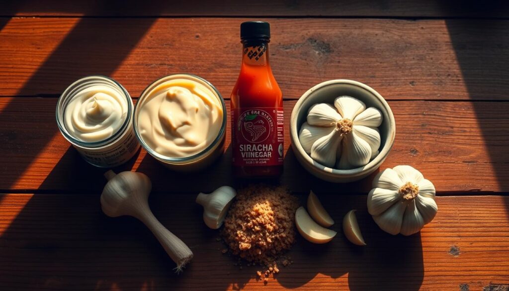 A neatly arranged assortment of ingredients for the signature Bang Bang sauce - a delectable blend of creamy mayonnaise, zesty Sriracha hot sauce, tangy rice vinegar, fragrant garlic, and a sprinkle of brown sugar. The ingredients are placed on a rustic wooden table, illuminated by warm, natural lighting that casts subtle shadows, creating depth and dimension. The composition emphasizes the vibrant colors and textures of the ingredients, inviting the viewer to imagine the bold, flavor-packed sauce that will be crafted from these simple yet impactful components. A neatly arranged assortment of ingredients for the signature Bang Bang sauce - a delectable blend of creamy mayonnaise, zesty Sriracha hot sauce, tangy rice vinegar, fragrant garlic, and a sprinkle of brown sugar. The ingredients are placed on a rustic wooden table, illuminated by warm, natural lighting that casts subtle shadows, creating depth and dimension. The composition emphasizes the vibrant colors and textures of the ingredients, inviting the viewer to imagine the bold, flavor-packed sauce that will be crafted from these simple yet impactful components.