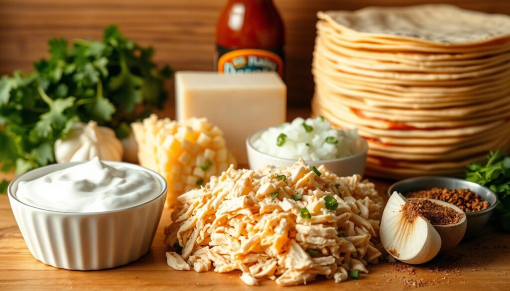 A neatly arranged collection of essential ingredients for creamy white chicken enchiladas, bathed in warm, soft lighting. In the foreground, sour cream, shredded chicken, and a stack of corn tortillas create a comforting, homemade scene. In the middle ground, blocks of melted Monterey Jack cheese, diced onions, and minced garlic add depth and flavor. The background features a sprinkle of chopped cilantro, a drizzle of enchilada sauce, and a sprinkle of cumin, all captured with a shallow depth of field to emphasize the key elements. The overall mood is one of culinary anticipation, inviting the viewer to imagine the delicious, creamy enchiladas that these ingredients will produce. A neatly arranged collection of essential ingredients for creamy white chicken enchiladas, bathed in warm, soft lighting. In the foreground, sour cream, shredded chicken, and a stack of corn tortillas create a comforting, homemade scene. In the middle ground, blocks of melted Monterey Jack cheese, diced onions, and minced garlic add depth and flavor. The background features a sprinkle of chopped cilantro, a drizzle of enchilada sauce, and a sprinkle of cumin, all captured with a shallow depth of field to emphasize the key elements. The overall mood is one of culinary anticipation, inviting the viewer to imagine the delicious, creamy enchiladas that these ingredients will produce.