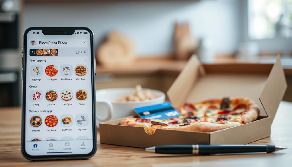 A neatly arranged display of convenient pizza ordering options, showcasing a sleek, modern smartphone screen with a user-friendly mobile app interface. In the foreground, a close-up view of the app's menu, highlighting a tempting selection of toppings, crust styles, and delivery options. The middle ground features a stylized pizza box, its lid open to reveal a freshly baked, steaming pie, accompanied by a credit card and a pen, symbolizing the ease of online payment. The background is a softly blurred kitchen scene, conveying a sense of home and comfort. The overall atmosphere is one of efficiency, customization, and the anticipation of a delicious, hassle-free pizza experience. A neatly arranged display of convenient pizza ordering options, showcasing a sleek, modern smartphone screen with a user-friendly mobile app interface. In the foreground, a close-up view of the app's menu, highlighting a tempting selection of toppings, crust styles, and delivery options. The middle ground features a stylized pizza box, its lid open to reveal a freshly baked, steaming pie, accompanied by a credit card and a pen, symbolizing the ease of online payment. The background is a softly blurred kitchen scene, conveying a sense of home and comfort. The overall atmosphere is one of efficiency, customization, and the anticipation of a delicious, hassle-free pizza experience.