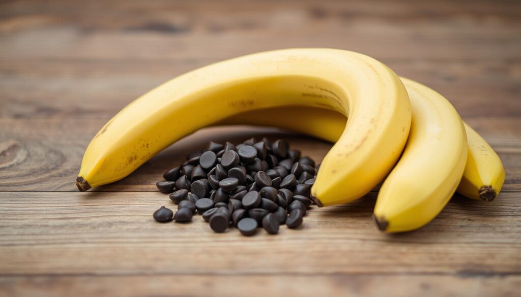 A neatly arranged still life on a rustic wooden surface. In the foreground, several ripe bananas with their golden-yellow skins, speckled with brown freckles, are placed alongside a small pile of rich, dark chocolate chips. The middle ground features a soft, even lighting that gently illuminates the scene, highlighting the texture and depth of the ingredients. The background is slightly blurred, creating a sense of focus on the essential elements. The overall composition conveys a warm, inviting atmosphere, hinting at the delicious treat to be created. A neatly arranged still life on a rustic wooden surface. In the foreground, several ripe bananas with their golden-yellow skins, speckled with brown freckles, are placed alongside a small pile of rich, dark chocolate chips. The middle ground features a soft, even lighting that gently illuminates the scene, highlighting the texture and depth of the ingredients. The background is slightly blurred, creating a sense of focus on the essential elements. The overall composition conveys a warm, inviting atmosphere, hinting at the delicious treat to be created.