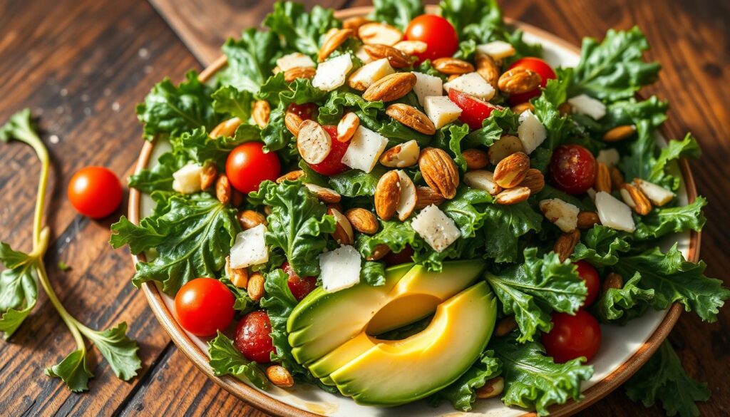 A nourishing and vibrant homemade kale salad arranged on a rustic wooden table, illuminated by warm natural lighting. The kale leaves glisten with a light coating of olive oil, complemented by the vibrant hues of sliced avocado, ruby-red cherry tomatoes, and crunchy toasted almonds. A drizzle of lemon vinaigrette adds a tangy brightness, while a sprinkle of Parmesan cheese and cracked black pepper elevates the flavors. The scene conveys the healthful benefits of this homemade superfood salad, which can be easily replicated in the comfort of one's own kitchen. A nourishing and vibrant homemade kale salad arranged on a rustic wooden table, illuminated by warm natural lighting. The kale leaves glisten with a light coating of olive oil, complemented by the vibrant hues of sliced avocado, ruby-red cherry tomatoes, and crunchy toasted almonds. A drizzle of lemon vinaigrette adds a tangy brightness, while a sprinkle of Parmesan cheese and cracked black pepper elevates the flavors. The scene conveys the healthful benefits of this homemade superfood salad, which can be easily replicated in the comfort of one's own kitchen.