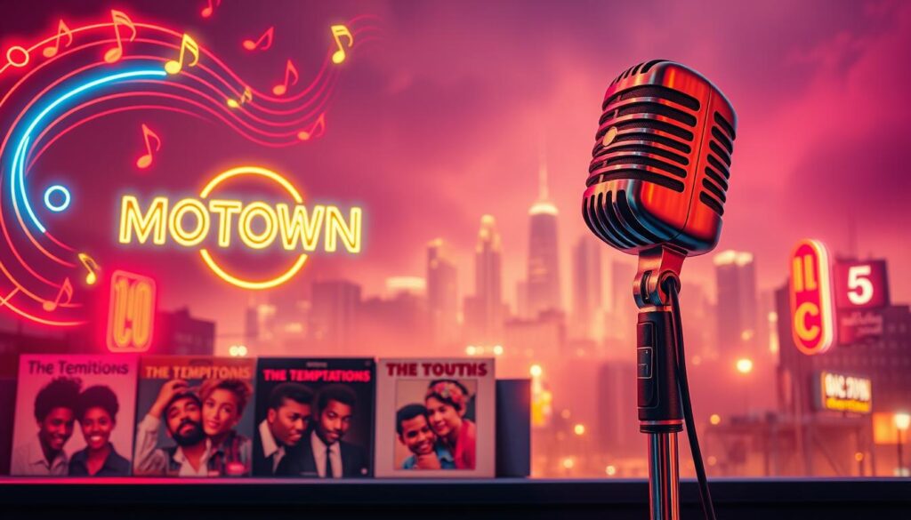 A retro-inspired scene of Motown chart-topping hits. In the foreground, a stylized microphone stands prominently, surrounded by swirling musical notes and glowing neon signs in vibrant hues of red, blue, and gold. In the middle ground, iconic album covers from artists like The Temptations, Marvin Gaye, and The Jackson 5 are arranged in a dynamic collage, evoking the golden era of Motown's musical legacy. The background is a hazy, dreamlike cityscape, with skyscrapers and neon-lit streets that fade into the distance, creating a sense of nostalgic wonder. Warm, diffused lighting casts a soulful glow over the entire composition, capturing the timeless charm and enduring influence of Motown's chart-topping hits. A retro-inspired scene of Motown chart-topping hits. In the foreground, a stylized microphone stands prominently, surrounded by swirling musical notes and glowing neon signs in vibrant hues of red, blue, and gold. In the middle ground, iconic album covers from artists like The Temptations, Marvin Gaye, and The Jackson 5 are arranged in a dynamic collage, evoking the golden era of Motown's musical legacy. The background is a hazy, dreamlike cityscape, with skyscrapers and neon-lit streets that fade into the distance, creating a sense of nostalgic wonder. Warm, diffused lighting casts a soulful glow over the entire composition, capturing the timeless charm and enduring influence of Motown's chart-topping hits.