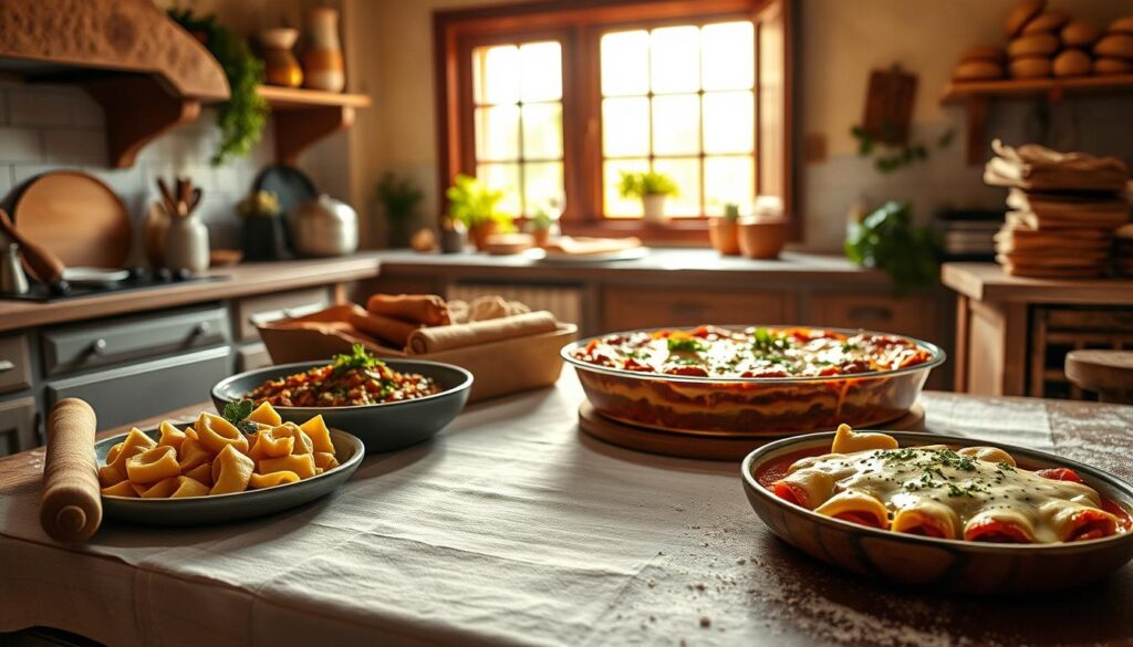 A rustic, sun-drenched Italian kitchen, filled with the scents of freshly-made pasta, simmering tomato sauce, and fragrant herbs. In the foreground, a wooden table adorned with a simple white linen cloth, showcasing a feast of scratch-made dishes - tender ravioli dressed in a vibrant pesto, a bubbling baked lasagna layered with rich béchamel and melted mozzarella, and a platter of hand-rolled gnocchi dressed in a velvety Gorgonzola cream sauce. The middle ground features a weathered countertop, with a wooden rolling pin, a dusting of flour, and a stack of homemade focaccia. In the background, a large window bathes the scene in warm, golden light, hinting at the rustic Italian villa just beyond. A rustic, sun-drenched Italian kitchen, filled with the scents of freshly-made pasta, simmering tomato sauce, and fragrant herbs. In the foreground, a wooden table adorned with a simple white linen cloth, showcasing a feast of scratch-made dishes - tender ravioli dressed in a vibrant pesto, a bubbling baked lasagna layered with rich béchamel and melted mozzarella, and a platter of hand-rolled gnocchi dressed in a velvety Gorgonzola cream sauce. The middle ground features a weathered countertop, with a wooden rolling pin, a dusting of flour, and a stack of homemade focaccia. In the background, a large window bathes the scene in warm, golden light, hinting at the rustic Italian villa just beyond.