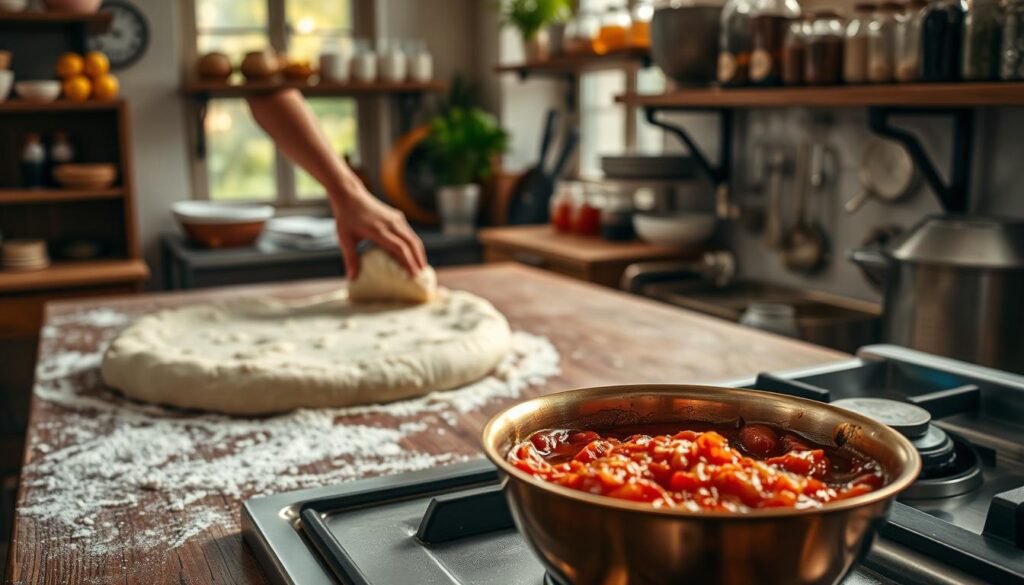 A skilled chef's hands kneading and stretching fresh pizza dough on a floured wooden workbench, the dough glistening with a light dusting of flour. In the foreground, a copper bowl overflows with vibrant, crushed tomatoes, the rich, aromatic sauce simmering gently on a vintage gas stovetop, wisps of steam rising. Overhead, a soft, natural light filters through large windows, casting a warm, inviting glow across the scene. In the background, shelves brimming with jars of spices, herbs, and other culinary treasures, hinting at the care and attention to detail that goes into crafting the perfect pizza. A skilled chef's hands kneading and stretching fresh pizza dough on a floured wooden workbench, the dough glistening with a light dusting of flour. In the foreground, a copper bowl overflows with vibrant, crushed tomatoes, the rich, aromatic sauce simmering gently on a vintage gas stovetop, wisps of steam rising. Overhead, a soft, natural light filters through large windows, casting a warm, inviting glow across the scene. In the background, shelves brimming with jars of spices, herbs, and other culinary treasures, hinting at the care and attention to detail that goes into crafting the perfect pizza.