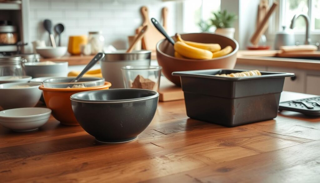 A step-by-step process of baking a moist and delicious gluten-free banana bread. In the foreground, a wooden kitchen counter with bowls, measuring cups, and utensils neatly arranged. In the middle ground, the baking process unfolds - mixing wet and dry ingredients, mashing ripe bananas, and pouring the batter into a greased loaf pan. The background is softly lit, with natural light filtering in through a kitchen window, creating a warm, inviting atmosphere. The overall mood is one of homemade comfort and care, showcasing the artisanal nature of this gluten-free baking project. A step-by-step process of baking a moist and delicious gluten-free banana bread. In the foreground, a wooden kitchen counter with bowls, measuring cups, and utensils neatly arranged. In the middle ground, the baking process unfolds - mixing wet and dry ingredients, mashing ripe bananas, and pouring the batter into a greased loaf pan. The background is softly lit, with natural light filtering in through a kitchen window, creating a warm, inviting atmosphere. The overall mood is one of homemade comfort and care, showcasing the artisanal nature of this gluten-free baking project.