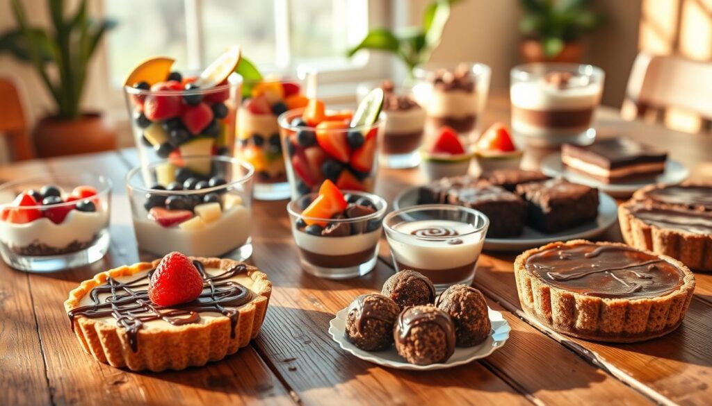 A tempting array of no-bake desserts sits on a rustic wooden table, bathed in warm natural lighting. In the foreground, a luscious chocolate-drizzled cheesecake tart, a creamy fruit parfait, and bite-sized energy bites. The middle ground showcases a refreshing fruit salad and individual tiramisu cups. In the background, a selection of decadent no-bake brownies and a glossy, chilled pudding tart. The scene exudes a casual, homey atmosphere, perfect for busy families seeking quick and effortless sweet treats. A tempting array of no-bake desserts sits on a rustic wooden table, bathed in warm natural lighting. In the foreground, a luscious chocolate-drizzled cheesecake tart, a creamy fruit parfait, and bite-sized energy bites. The middle ground showcases a refreshing fruit salad and individual tiramisu cups. In the background, a selection of decadent no-bake brownies and a glossy, chilled pudding tart. The scene exudes a casual, homey atmosphere, perfect for busy families seeking quick and effortless sweet treats.