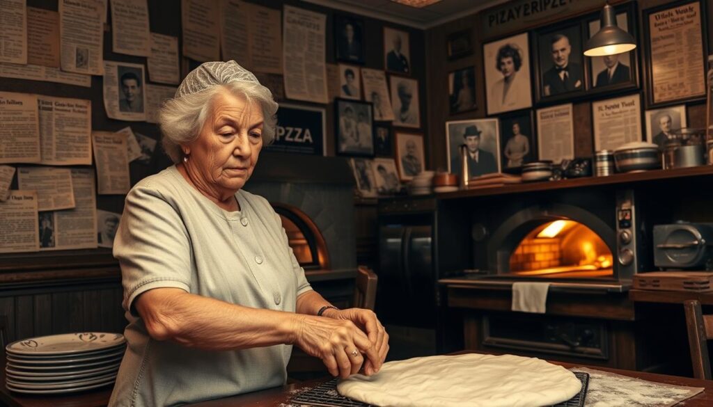 A timeless, sepia-toned photograph of a family-owned pizza parlor, its walls adorned with weathered, hand-written recipe cards and faded newspaper clippings. In the foreground, an elderly matriarch carefully kneads dough, her wrinkled hands a testament to generations of culinary expertise. Behind her, a wood-fired oven glows with the warmth of a century-old tradition, casting a soft, golden light across the scene. In the background, a collage of family portraits and cherished memorabilia provides a glimpse into the rich history and legacy that have made this pizzeria an iconic institution. A timeless, sepia-toned photograph of a family-owned pizza parlor, its walls adorned with weathered, hand-written recipe cards and faded newspaper clippings. In the foreground, an elderly matriarch carefully kneads dough, her wrinkled hands a testament to generations of culinary expertise. Behind her, a wood-fired oven glows with the warmth of a century-old tradition, casting a soft, golden light across the scene. In the background, a collage of family portraits and cherished memorabilia provides a glimpse into the rich history and legacy that have made this pizzeria an iconic institution.