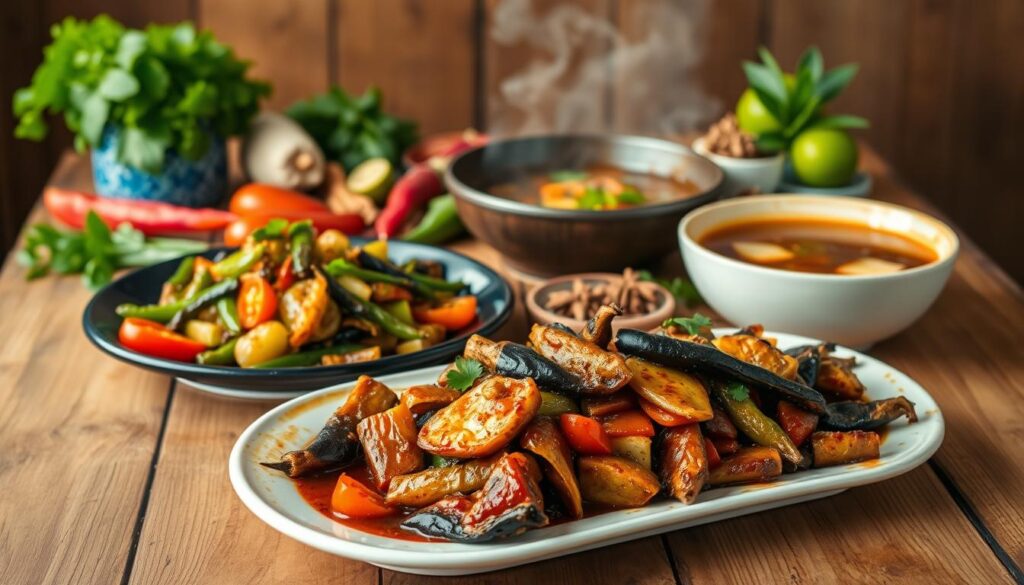 A vibrant collection of traditional Filipino dishes with a modern twist, arranged artfully on a rustic wooden table. In the foreground, a platter showcases a reinvented adobo with crispy eggplant and a savory sauce. Beside it, a colorful vegetable stir-fry with sliced okra, ampalaya, and tomatoes. In the middle ground, a steaming bowl of fragrant sinigang, its broth infused with the tartness of calamansi. In the background, a selection of fresh herbs, chilies, and Filipino spices, hinting at the authentic flavors. Warm, diffused lighting casts a cozy glow, capturing the essence of Filipino home-cooked goodness with a contemporary flair. A vibrant collection of traditional Filipino dishes with a modern twist, arranged artfully on a rustic wooden table. In the foreground, a platter showcases a reinvented adobo with crispy eggplant and a savory sauce. Beside it, a colorful vegetable stir-fry with sliced okra, ampalaya, and tomatoes. In the middle ground, a steaming bowl of fragrant sinigang, its broth infused with the tartness of calamansi. In the background, a selection of fresh herbs, chilies, and Filipino spices, hinting at the authentic flavors. Warm, diffused lighting casts a cozy glow, capturing the essence of Filipino home-cooked goodness with a contemporary flair.