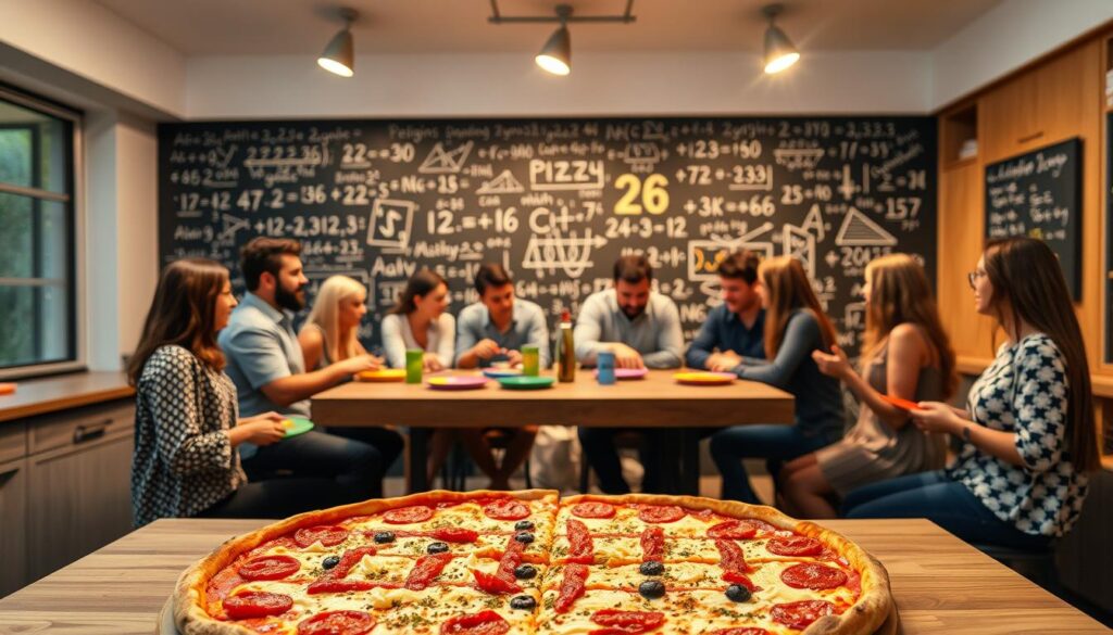 A vibrant, math-themed pizza party in a modern, well-lit kitchen. In the foreground, a delectable pizza with toppings arranged in a grid pattern, resembling a multiplication table. Slices are being eagerly served onto colorful paper plates. In the middle ground, a group of friends and colleagues gathered around a large, wooden table, engaged in lively discussions and enjoying the pizza. The background features a chalkboard wall adorned with equations, formulas, and mathematical symbols, creating an educational and celebratory atmosphere. Soft, directional lighting from overhead fixtures casts a warm glow, enhancing the cozy, inviting ambiance of the scene. A vibrant, math-themed pizza party in a modern, well-lit kitchen. In the foreground, a delectable pizza with toppings arranged in a grid pattern, resembling a multiplication table. Slices are being eagerly served onto colorful paper plates. In the middle ground, a group of friends and colleagues gathered around a large, wooden table, engaged in lively discussions and enjoying the pizza. The background features a chalkboard wall adorned with equations, formulas, and mathematical symbols, creating an educational and celebratory atmosphere. Soft, directional lighting from overhead fixtures casts a warm glow, enhancing the cozy, inviting ambiance of the scene.