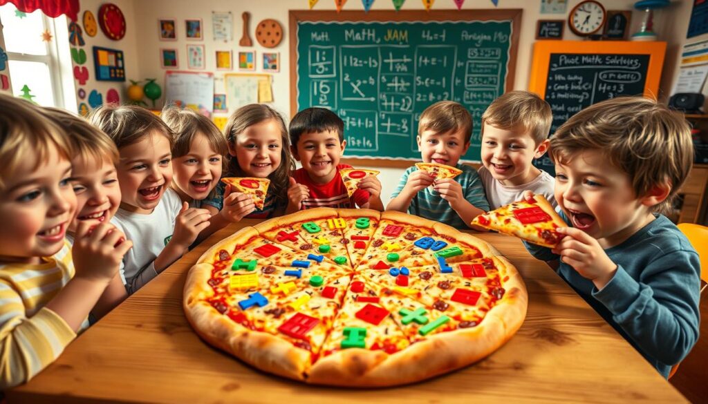 A vibrant pizza party scene, showcasing colorful addition strategies visually represented on the pizza slices. In the foreground, a group of children enthusiastically enjoying a slice, their faces alight with excitement. The middle ground features a large pizza, each slice adorned with different mathematical symbols and operations, inviting exploration. In the background, a cozy, cheerful classroom setting, with math-themed decorations and a chalkboard displaying additional problem-solving techniques. Warm lighting creates a welcoming atmosphere, encouraging a playful and educational experience. The overall composition conveys the joyful integration of math and the beloved tradition of a pizza party. A vibrant pizza party scene, showcasing colorful addition strategies visually represented on the pizza slices. In the foreground, a group of children enthusiastically enjoying a slice, their faces alight with excitement. The middle ground features a large pizza, each slice adorned with different mathematical symbols and operations, inviting exploration. In the background, a cozy, cheerful classroom setting, with math-themed decorations and a chalkboard displaying additional problem-solving techniques. Warm lighting creates a welcoming atmosphere, encouraging a playful and educational experience. The overall composition conveys the joyful integration of math and the beloved tradition of a pizza party.