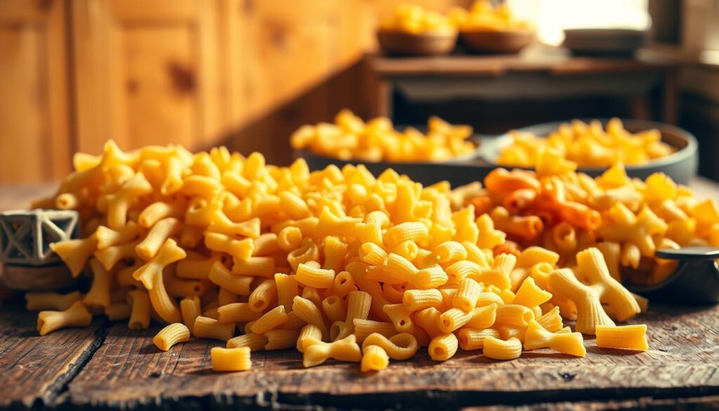 A vibrant still life capturing the history and varieties of macaroni. In the foreground, an assortment of classic macaroni shapes - elbow, penne, fusilli, and farfalle - arranged with care, their textures and colors showcased. In the middle ground, an antique wooden table sets the stage, its weathered surface hinting at the centuries-old tradition of pasta making. The background features a softly lit backdrop, suggesting a timeless, rustic setting, perhaps a cozy kitchen or a sun-dappled Italian villa. Warm, natural lighting casts gentle shadows, highlighting the unique contours and patterns of each macaroni variety. The overall mood is one of culinary heritage, inviting the viewer to explore the rich tapestry of this beloved staple food. A vibrant still life capturing the history and varieties of macaroni. In the foreground, an assortment of classic macaroni shapes - elbow, penne, fusilli, and farfalle - arranged with care, their textures and colors showcased. In the middle ground, an antique wooden table sets the stage, its weathered surface hinting at the centuries-old tradition of pasta making. The background features a softly lit backdrop, suggesting a timeless, rustic setting, perhaps a cozy kitchen or a sun-dappled Italian villa. Warm, natural lighting casts gentle shadows, highlighting the unique contours and patterns of each macaroni variety. The overall mood is one of culinary heritage, inviting the viewer to explore the rich tapestry of this beloved staple food.