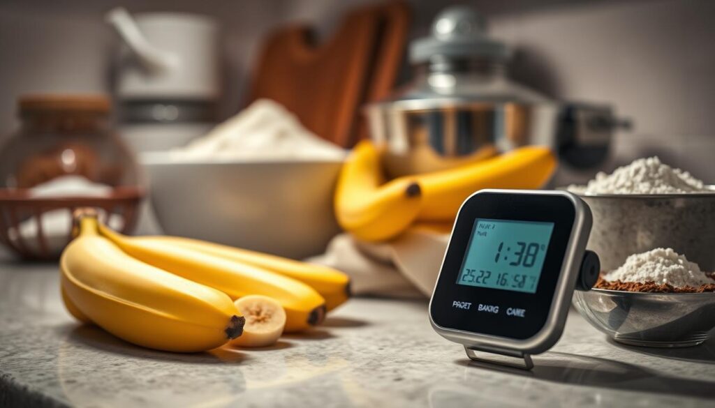 A well-lit kitchen counter with a digital oven thermometer displaying the precise baking temperature, surrounded by freshly sliced bananas, a mixing bowl, and a neatly arranged set of baking ingredients like flour, sugar, and spices. The scene exudes a warm, cozy atmosphere, with soft, directional lighting casting subtle shadows and highlights on the scene. The overall composition emphasizes the importance of temperature control and precise measurement in achieving the perfect texture and flavor for a homemade banana bread. A well-lit kitchen counter with a digital oven thermometer displaying the precise baking temperature, surrounded by freshly sliced bananas, a mixing bowl, and a neatly arranged set of baking ingredients like flour, sugar, and spices. The scene exudes a warm, cozy atmosphere, with soft, directional lighting casting subtle shadows and highlights on the scene. The overall composition emphasizes the importance of temperature control and precise measurement in achieving the perfect texture and flavor for a homemade banana bread.