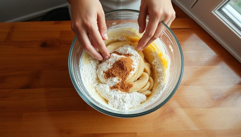 A wooden kitchen counter, the surface wet and glistening, as two hands carefully combine wet banana mash with dry flour, sugar, and spices in a large mixing bowl. Soft natural light filters in from a nearby window, casting a warm, inviting glow on the scene. The process is methodical, with a focus on texture and consistency, as the ingredients are folded together to create the perfect batter for a homemade banana bread. The angle is slightly elevated, providing a bird's-eye view of the mixing action, emphasizing the hands' gentle movements and the transformative process unfolding before the viewer. A wooden kitchen counter, the surface wet and glistening, as two hands carefully combine wet banana mash with dry flour, sugar, and spices in a large mixing bowl. Soft natural light filters in from a nearby window, casting a warm, inviting glow on the scene. The process is methodical, with a focus on texture and consistency, as the ingredients are folded together to create the perfect batter for a homemade banana bread. The angle is slightly elevated, providing a bird's-eye view of the mixing action, emphasizing the hands' gentle movements and the transformative process unfolding before the viewer.