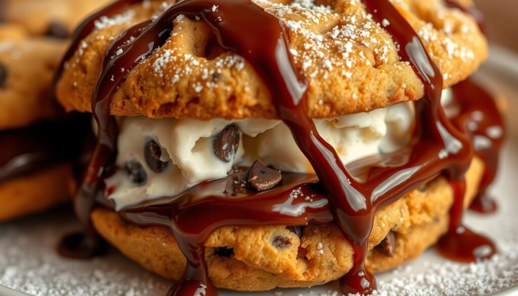 Crisp golden-brown chocolate chip cookies sandwiching rich, creamy vanilla ice cream, drizzled with warm fudge sauce and dusted with shimmering powdered sugar. The cookies have a crunchy exterior that gives way to a soft, chewy center, complementing the smooth, velvety ice cream. Captured in a warm, inviting lighting that highlights the contrasting textures and indulgent flavors, this frozen dessert creation is a tempting treat, ready to satisfy any sweet craving. Crisp golden-brown chocolate chip cookies sandwiching rich, creamy vanilla ice cream, drizzled with warm fudge sauce and dusted with shimmering powdered sugar. The cookies have a crunchy exterior that gives way to a soft, chewy center, complementing the smooth, velvety ice cream. Captured in a warm, inviting lighting that highlights the contrasting textures and indulgent flavors, this frozen dessert creation is a tempting treat, ready to satisfy any sweet craving.