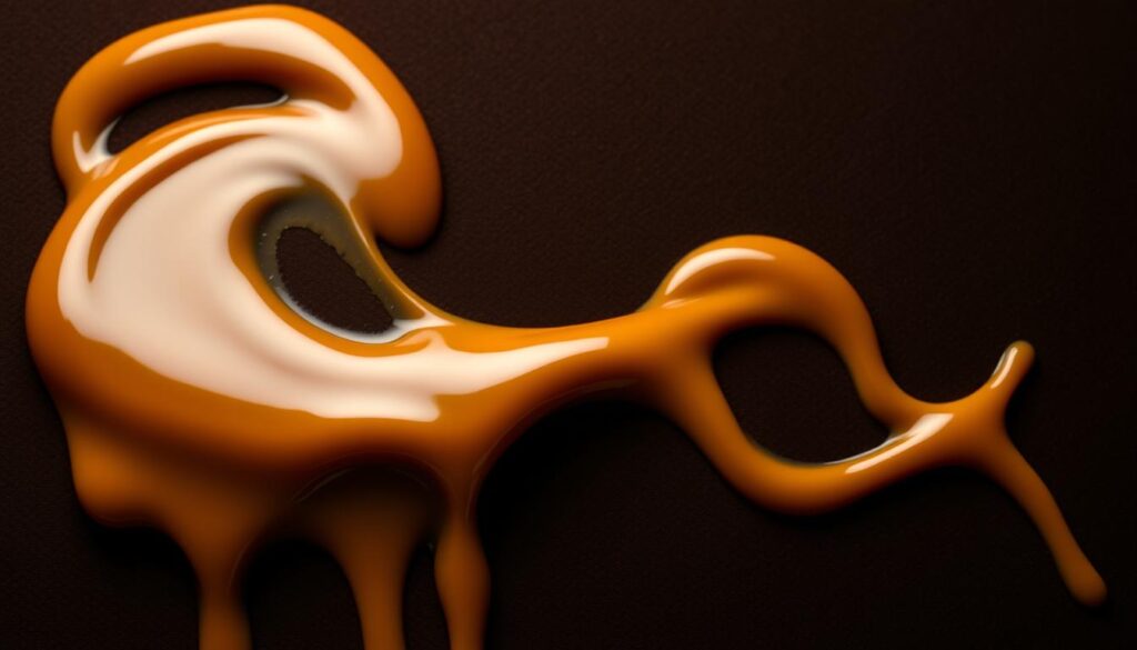 Smooth, glossy caramel sauce swirling and dripping seductively over a dark, velvety backdrop. The sauce glistens with a warm, golden hue, its viscous tendrils languidly cascading downwards, evoking a sense of rich indulgence. Dramatic studio lighting casts dramatic shadows, adding depth and dimension to the voluptuous curves of the caramel flow. The scene radiates a sultry, tempting atmosphere, perfectly capturing the decadence of a turtle cheesecake. Smooth, glossy caramel sauce swirling and dripping seductively over a dark, velvety backdrop. The sauce glistens with a warm, golden hue, its viscous tendrils languidly cascading downwards, evoking a sense of rich indulgence. Dramatic studio lighting casts dramatic shadows, adding depth and dimension to the voluptuous curves of the caramel flow. The scene radiates a sultry, tempting atmosphere, perfectly capturing the decadence of a turtle cheesecake.