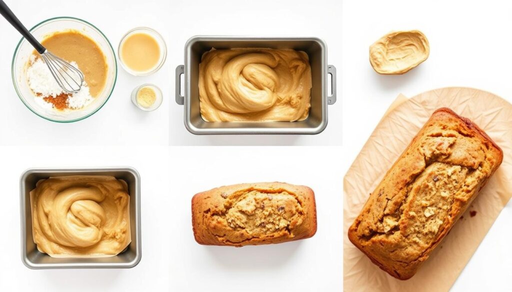 a series of 6 high-quality, detailed digital paintings depicting the step-by-step baking process for a fluffy, flavorful vegan banana bread, shot from a top-down perspective with natural lighting, crisp focus, and a clean white background, showcasing each stage of the recipe including mixing the wet and dry ingredients, pouring the batter into a loaf pan, placing the pan in the oven, checking the bread's progress through the oven window, removing the fully-baked loaf, and slicing a generous piece to reveal the moist, golden crumb texture inside a series of 6 high-quality, detailed digital paintings depicting the step-by-step baking process for a fluffy, flavorful vegan banana bread, shot from a top-down perspective with natural lighting, crisp focus, and a clean white background, showcasing each stage of the recipe including mixing the wet and dry ingredients, pouring the batter into a loaf pan, placing the pan in the oven, checking the bread's progress through the oven window, removing the fully-baked loaf, and slicing a generous piece to reveal the moist, golden crumb texture inside